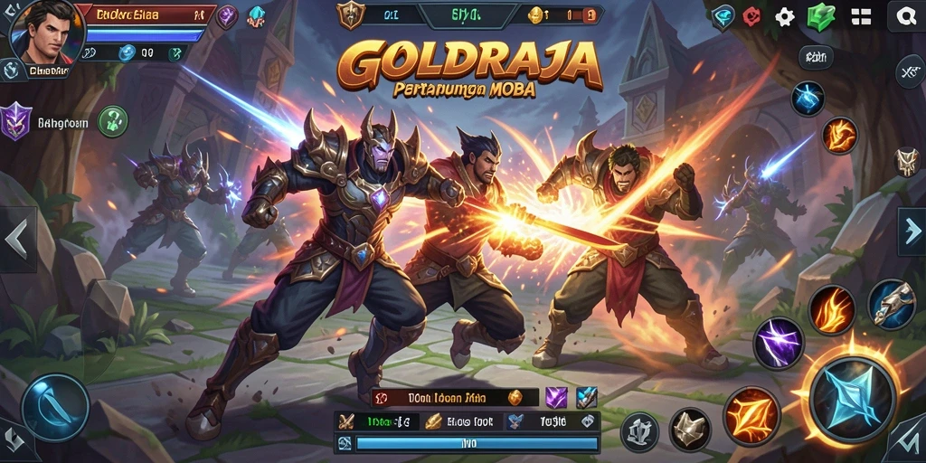 Tampilan seru dari gameplay <strong>GOLDRAJA</strong> dalam pertempuran MOBA.
