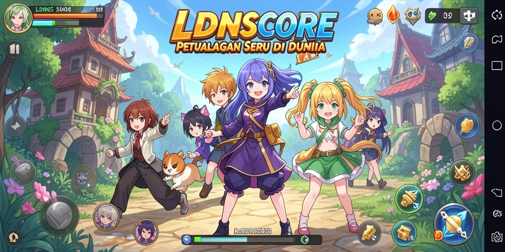 Tampilan gameplay LDNSCORE dengan warna-warni anime yang memukau.