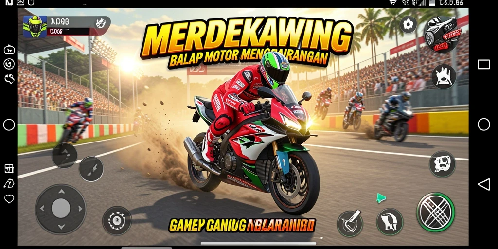 Gameplay menegangkan di <strong>MERDEKAWING</strong> saat balapan motor.