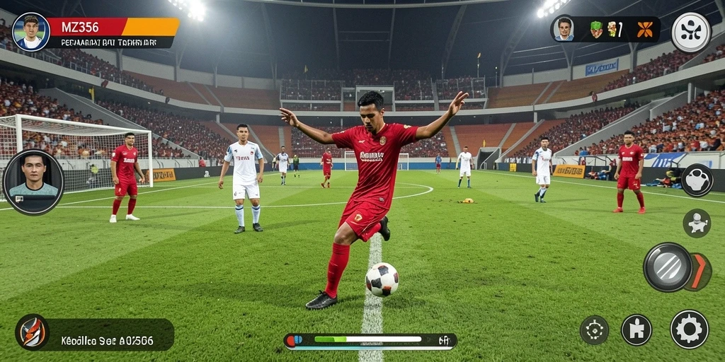 Screenshot utama MZ356 menampilkan aksi seru dalam pertandingan sepak bola.