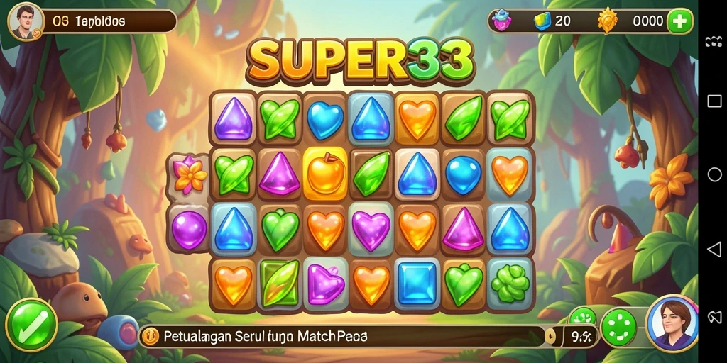 Tampilan menarik gameplay Match-3 dengan permata berwarna-warni.